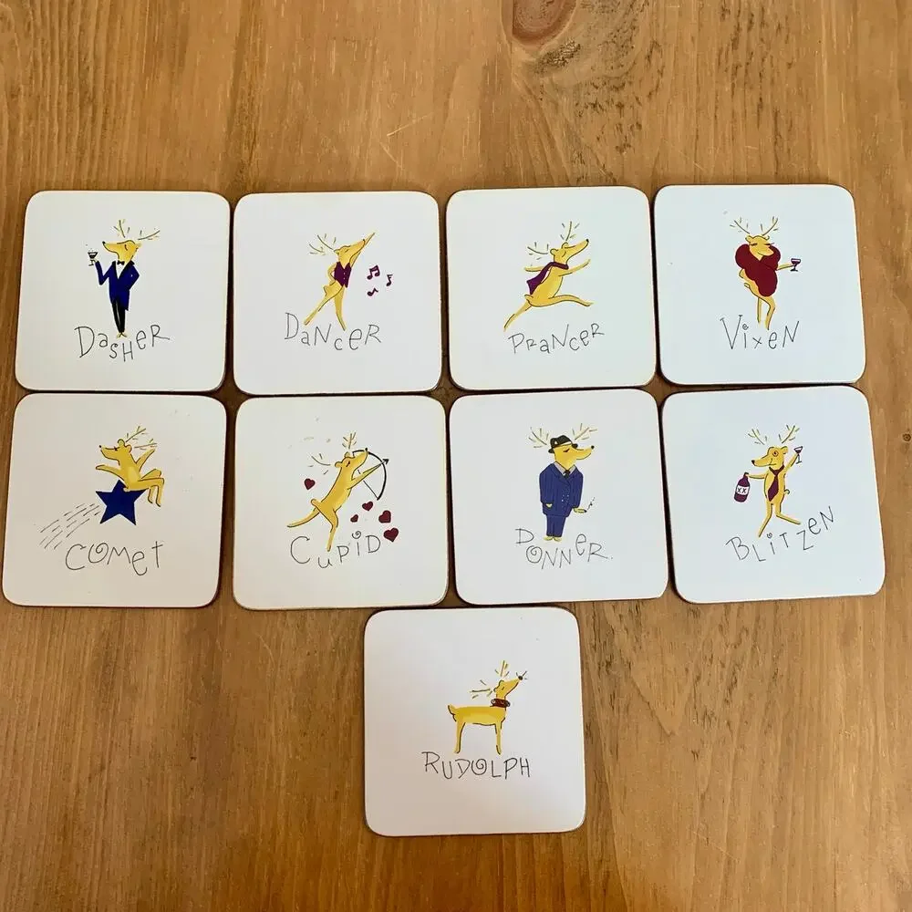 Pottery Barn Santa’s Reindeer Coasters Cork Backed Christmas Holiday Set of 9